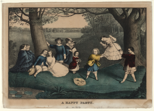 Eine Gruppe von Kindern spielt im Park, einige sitzen auf dem Gras und andere stehen, mit Bäumen und Pflanzen im Hintergrund und dem Text "Ein fröhliches Fest" unten.