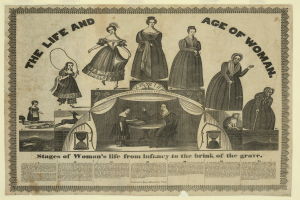 Eine bunte Papierreproduktion, die die Lebensphasen einer Frau von der Kindheit bis ins hohe Alter zeigt, mit fetter Schrift und detailreichen Elementen.