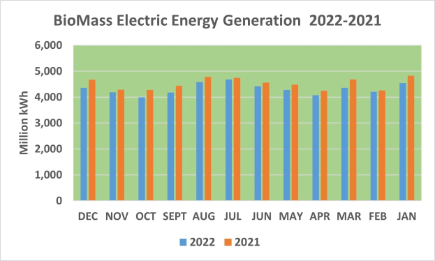 Grafik, die die Entwicklung der elektrischen Energieerzeugung aus Biomasse von 2021 bis 2022 zeigt, mit begleitendem Text.