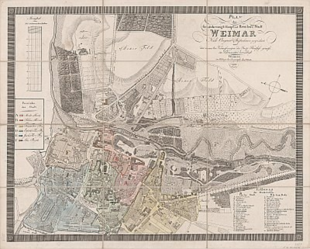 Ein detailliertes altes Stadtplan von Weimar, Deutschland, der Straßen, Gebäude und Sehenswürdigkeiten zeigt, mit begleitendem Text über die Bevölkerung und bemerkenswerte Merkmale der Stadt.