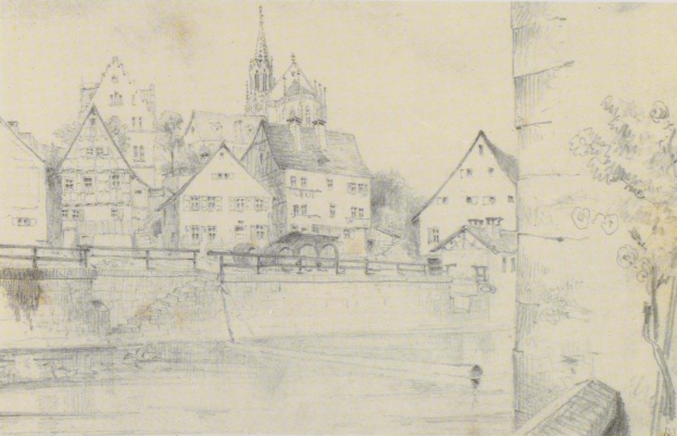 Ein Bleistiftbild namens "Nürnberg, Deutschland" von Joseph Mallord William Turner, das eine Stadtansicht mit einem Fluss, Gebäuden, Bäumen und einer Brücke zeigt.