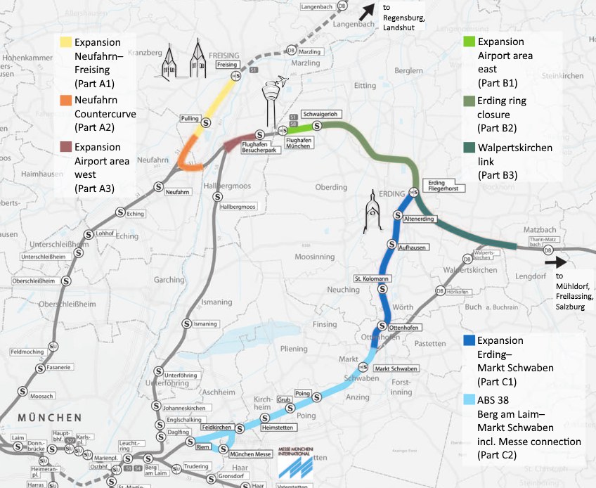 Ein detaillierter Stadtplan mit einer hervorgehobenen Zugroute von München nach Frankfurt, einschließlich Haltestellen und Umgebung, mit zusätzlichen Zuginformationen.