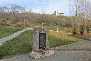 Ein Denkmal in einem Park mit einer Tafel, auf der "Gedenken an die Opfer der Tschernobyl-Katastrophe" steht, umgeben von Gras, trockenen Blättern, einem Weg, Bäumen, Pflanzen, einem Straßenmast, Gebäuden und einem bewölkten Himmel.