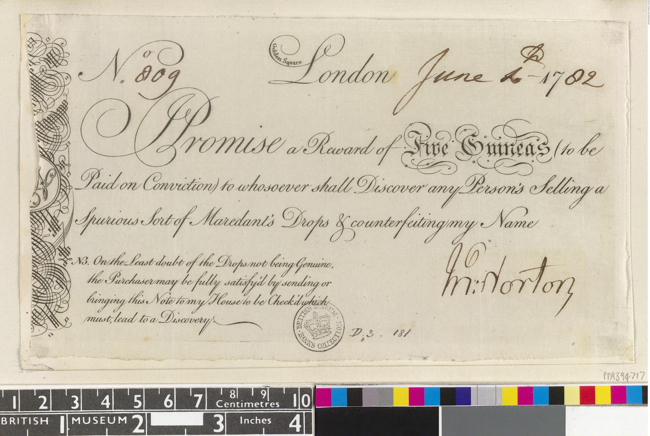 Altes Dokument mit schwarzer und weißer Handschrift, Text und einem Stempel, das farbige Skalen am unteren Rand zeigt, die eine Belohnung von fünf Emiraten für die Meldung von gefälschten Mardant-Tropfen angeben.