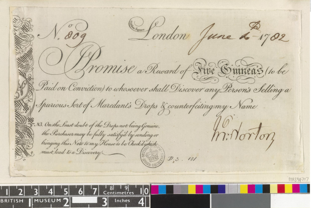 Altes Dokument mit schwarzer und weißer Handschrift, Text und einem Stempel, das farbige Skalen am unteren Rand zeigt, die eine Belohnung von fünf Emiraten für die Meldung von gefälschten Mardant-Tropfen angeben.