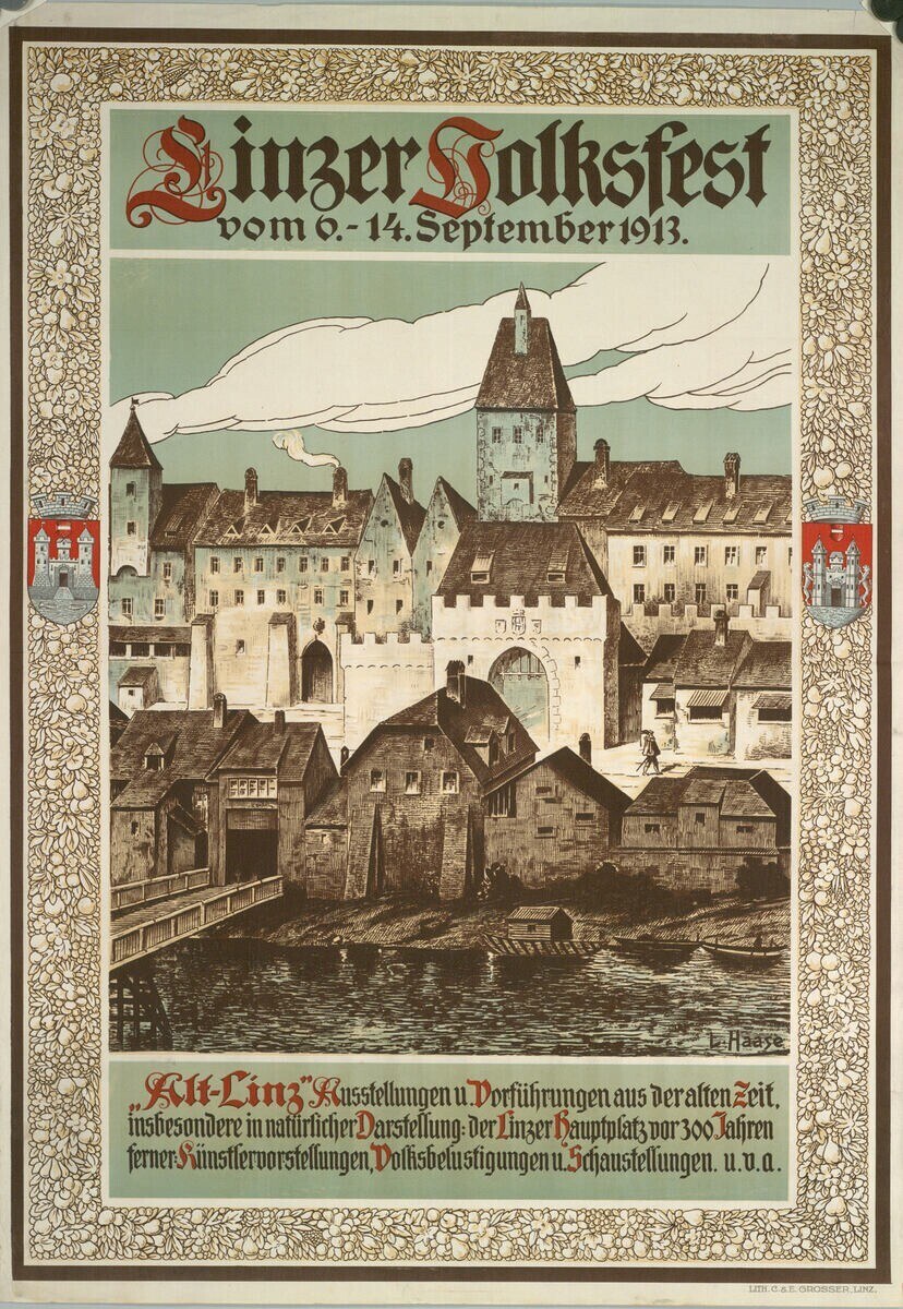 Alter deutscher Festivalplakat mit einer Burg- und Häuser-Illustration, begleitet von Text.