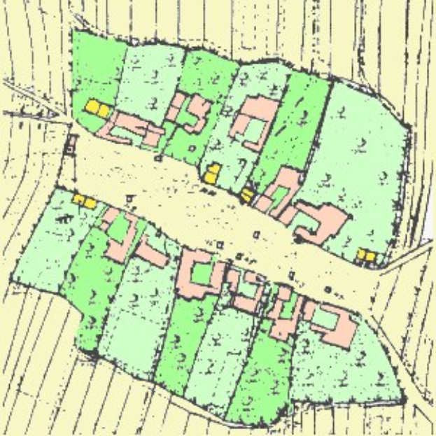 Detailierter Lageplan einer Stadt mit Straßen, Gebäuden und anderen Merkmalen.
