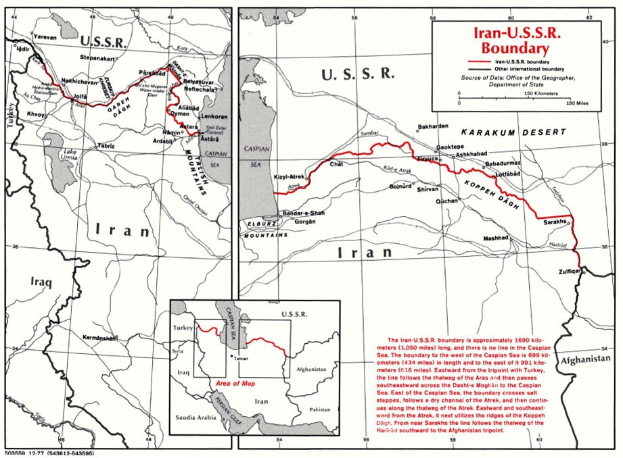 Ein Plakat, das eine detaillierte Karte der iranisch-sowjetischen Grenze zeigt, einschließlich geografischer Merkmale und Text, der die Länder und Grenzen beschreibt.