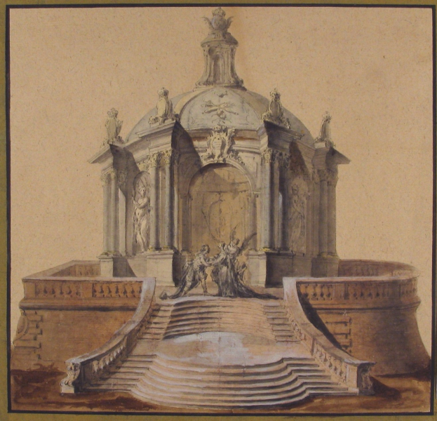 Ein Rahmenbild einer klassisch-stilistischen Brunnenzeichnung mit einer Statue darauf, umgeben von Stufen und zusätzlichen Skulpturen.