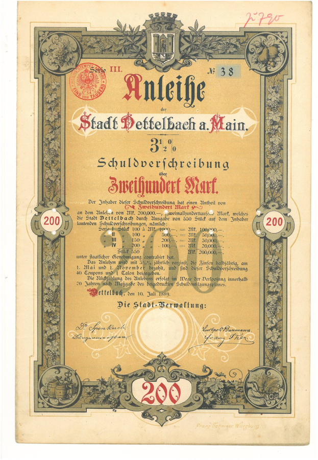 Alter deutscher Aktienchein mit Porträt eines Mannes, mit gedrucktem Text und numerischen Werten, die Aktien Details angeben.