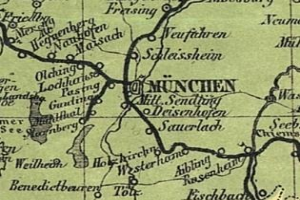 Ausführliche alte Karte von München, Deutschland, die Straßen, Gebäude und Sehenswürdigkeiten zeigt, mit zusätzlichem Text über Bevölkerung, Straßen und bemerkenswerte Orte.