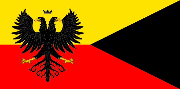 Deutsche Flagge mit drei horizontalen Streifen in Schwarz, Rot und Gold, die einen schwarzen Doppeladler in der Mitte zeigt.