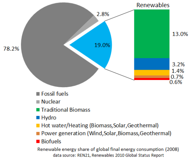 Eine Kreisdiagrammdarstellung des globalen erneuerbaren Energieverbrauchs im Jahr 2008, unterteilt in Abschnitte für fossile Brennstoffe, Kernenergie, Hydro, Heißwasser, Heizung, Biomasse, Solar, Geothermie und Biokraftstoffe, mit begleitendem Text.