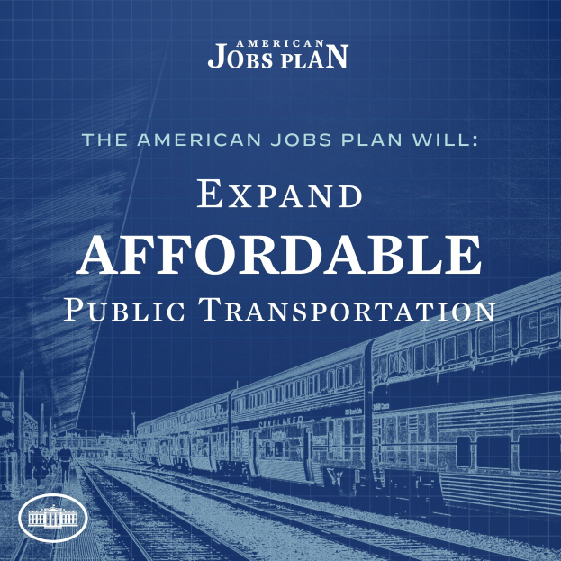 Plakat mit einem Zug auf Eisenbahnschienen mit mehreren Menschen in der Nähe und dem Text "The American Jobs Plan Will Expand Affordable Public Transportation."