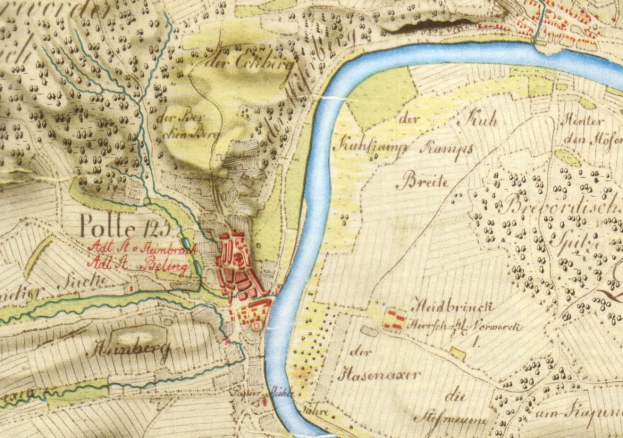 Ausführliches altes Stadtplan von Polle, Deutschland, der Straße, Gebäude und einen Fluss durch die Stadt zeigt.
