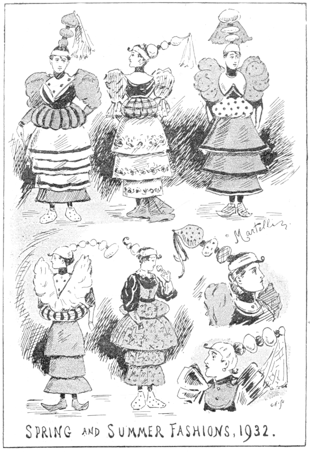 Fashion-Illustration von Frauen in 1932 Frühjahrs- und Sommerkleidern mit begleitendem beschreibendem Text.