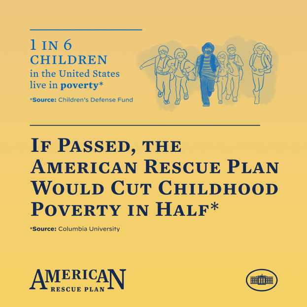 Ein Plakat mit Text, der für den American Rescue Plan wirbt, um die Kinderarmut zu reduzieren, mit einem Bild einer Gruppe von Menschen.