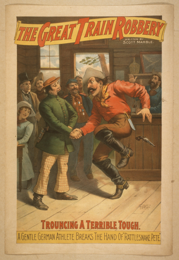 Ein Plakat, das eine Gruppe von Menschen in einem Raum zeigt, einer hält eine Waffe, mit Text oben und unten: "Der große Zugraub - Trouching a Terrible Tough".