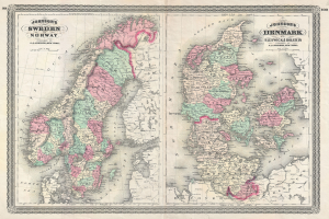 Eine alte Karte von Dänemark und Norwegen aus dem Jahr 1876, die Provinzen von Schweden und Norwegen zeigt.