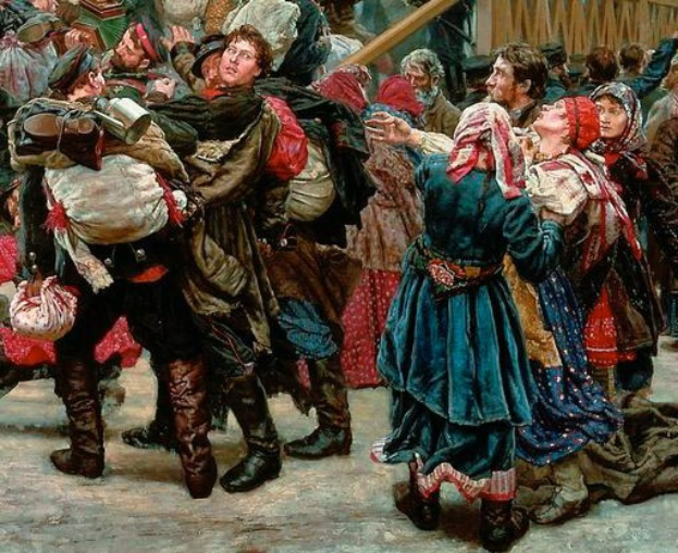 Gemälde, das eine lebhafte Tanzszene mit Menschen in traditioneller russischer Kleidung zeigt, einige halten Gegenstände, vor einem Publikum, mit einem hölzernen Haus im Hintergrund, das die Atmosphäre der russischen Revolution vermittelt.