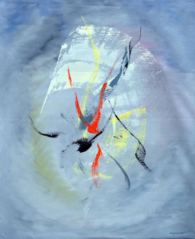 Abstrakte Malerei mit Acryl auf Leinwand mit grauen Tönen, roten und gelben Akzenten auf einem blauen Hintergrund.