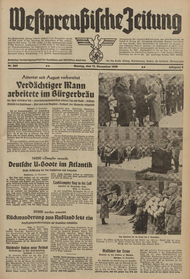 Titelseite einer deutschen Zeitung vom 13. November 1939 mit der Uberschrift 'Weitpreubliche Zeitung', die eine Gruppe von Menschen in traditioneller deutscher Kleidung in einer feierlichen Szenerie zeigt.