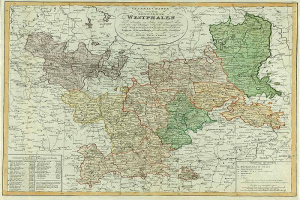 Ein altes Deutschland-Karte mit hervorgehobenen Provinzen Westfalens, gerahmt und mit beschreibendem Text.