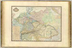 Ein altes Buch ist aufgeschlagen und zeigt eine detaillierte Karte von Deutschland mit ihren Provinzen und Städten.