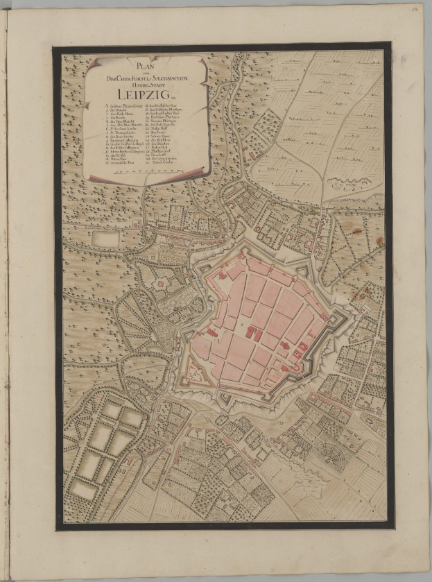Ein detailliertes altes Buchseite mit einer Karte von Leipzig, Deutschland, mit sichtbaren Straßen, Gebäuden und Sehenswürdigkeiten.