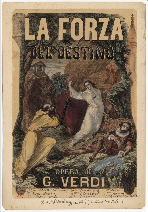 Plakat für die Oper "La Forza del Destino" von G. Verdi, das ein Gemälde mehrerer Personen mit begleitendem Text zeigt.