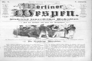 Eine alte Zeitung namens "Berliner Wespen" vom 21. Februar 1873 mit einer Gruppe von Menschen in traditioneller deutscher Kleidung in einem Gespräch.