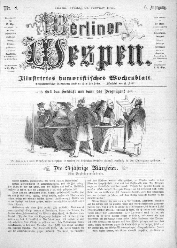 Eine alte Zeitung namens "Berliner Wespen" vom 21. Februar 1873 mit einer Gruppe von Menschen in traditioneller deutscher Kleidung in einem Gespräch.