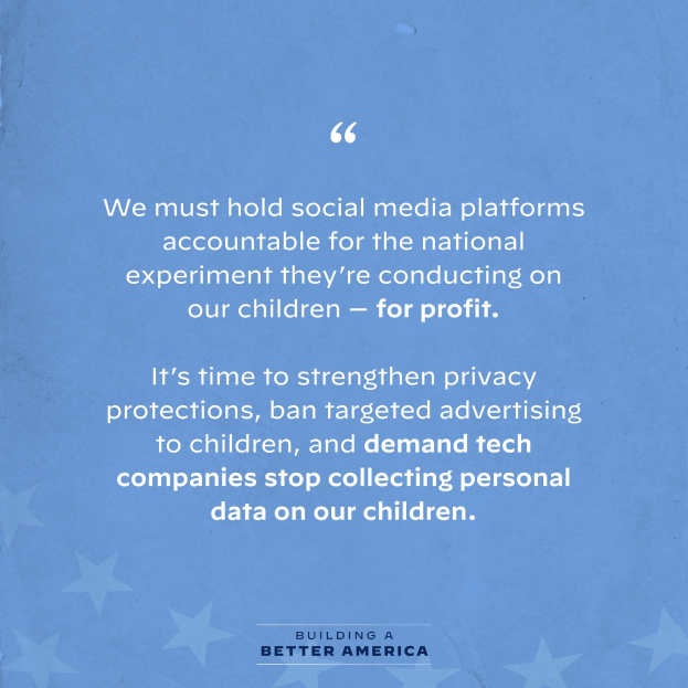 Plakat mit einem Zitat aus Building a Better America, das fordert, dass soziale Medien-Plattformen für das Experimentieren an Kindern zur Gewinnerzielung zur Rechenschaft gezogen werden, dekoriert mit Sternen.