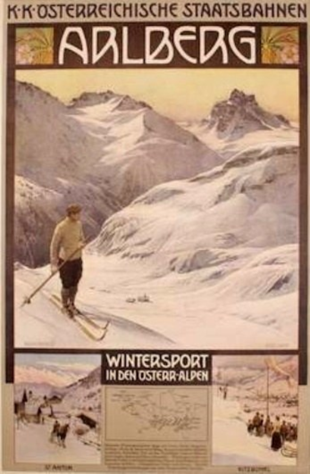 Ein Plakat für einen Wintersport in den österreichischen Alpen, das eine Person beim Skifahren zeigt, umgeben von Bildern anderer Menschen und Bergen, sowie Text.
