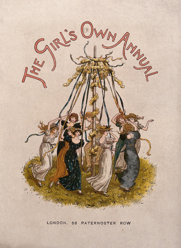 Das Bild zeigt eine Seite aus "The Girl's Own Annual" mit einer Szene eines Maibaumtanzes mit Menschen in bunten Kleidern und einem geschmückten Maibaum mit Bändern.