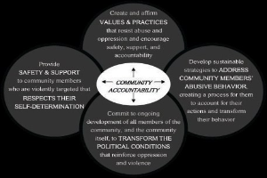 Ein Diagramm mit der Bezeichnung "Gemeinschaftsverantwortung", das einen zentralen Kreis zeigt, der durch Pfeile mit drei überlappenden Kreisen verbunden ist, alles in fetten, leuchtenden Farben.