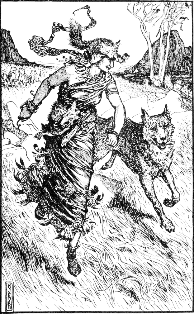 Schwarze und weiße Illustration einer Frau, die neben einem Wolf durch einen Wald läuft, mit Text unten: "Der Wolf und die Frau."