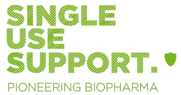 Weißer Hintergrund mit fettgrüner Schrift, die "single use support pioneering biopharma" gegen den weißen Hintergrund liest.