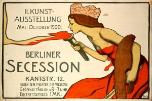 Plakat von der Berliner Secession 1900, das eine Frau in rotem Kleid zeigt, die ein Objekt hält, mit Text zu den Ereignissen.