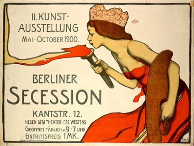 Plakat von der Berliner Secession 1900, das eine Frau in rotem Kleid zeigt, die ein Objekt hält, mit Text zu den Ereignissen.
