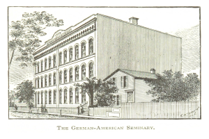 Eine Zeichnung eines Gebäudes mit Fenstern, Bäumen, einem Zaun und einem Himmel im Hintergrund, mit dem Text "Das Deutsch-Amerikanische Seminar" unten.