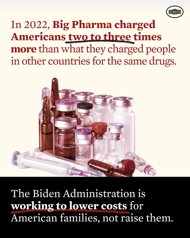 Ein Plakat, das zeigt, dass Big Pharma 2022 Americans zwei bis drei Mal so viel für dieselben Medikamente berechnet hat wie in anderen Ländern, mit Bildern von Medikamentenflaschen und einer Spritze darunter.