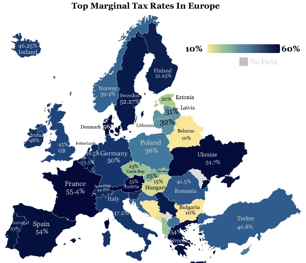 Eine Europa-Karte mit Farben, die die Spitzensteuersätze pro Land anzeigen, und dem Titel "Spitzensteuersätze in Europa" oben drauf.