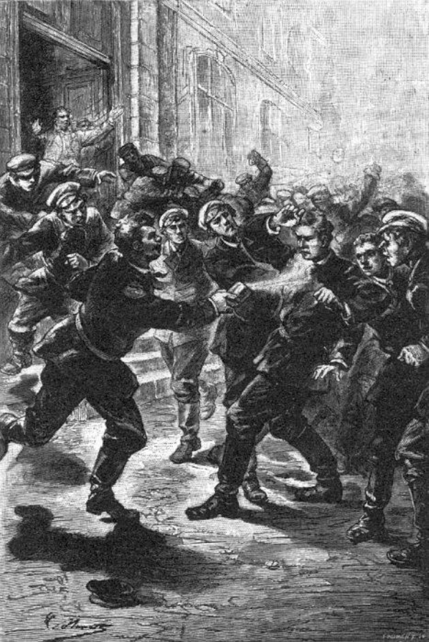 Schwarze und weiße Illustration einer gewalttätigen Straßenunruhen unter einer Gruppe von Männern, mit einem Gebäude im Hintergrund und der Bildunterschrift "Victorian riots in London, England" unten.