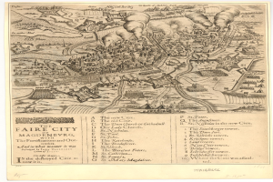 Ein detaillierter alter Stadtplan von Magdeburg, Deutschland, der Straßen, Gebäude, Sehenswürdigkeiten und begleitenden Text mit Informationen über die Stadt zeigt.