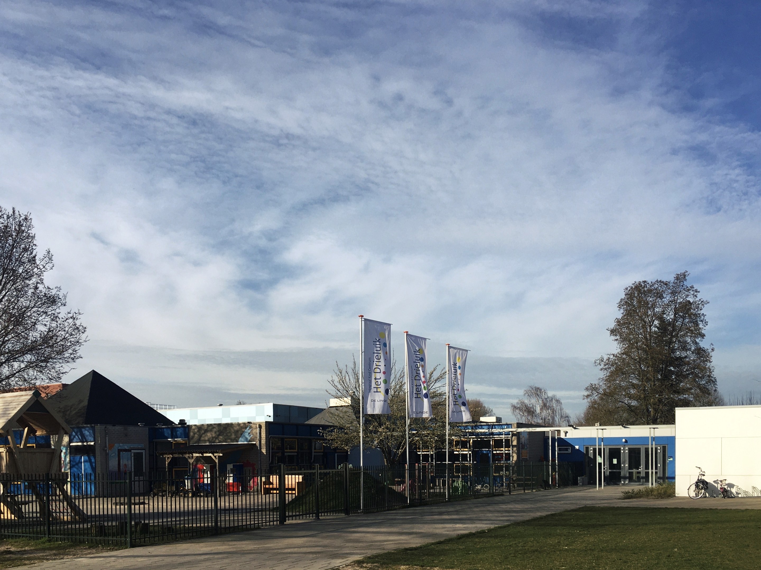 Großes Schulgebäude mit Metallzaun, Rasenfläche, Weg, Bäumen, Schildern, einem geparkten Fahrrad, nahen Häusern und einem bewölkten Himmel.