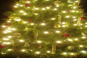 Ein Weihnachtsbaum mit Lichtern, Kugeln und verschiedenen Dekorationen.