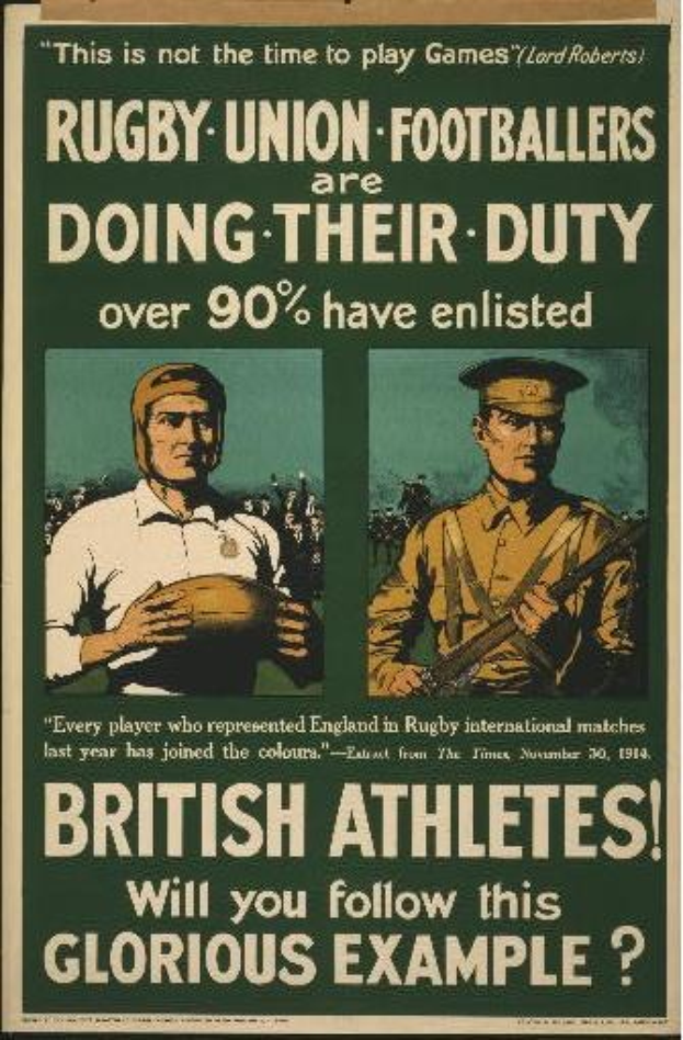 Plakat mit zwei Rugbyspielern in Militäruniformen, mit Text über britische Athleten, die sich verpflichten und ihre Aufgaben.