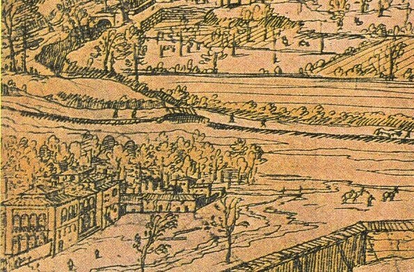 Ein detailliertes Stadtlandschaftsbild mit einem gewundenen Fluss, umgeben von saftig grünen Bäumen und hohen Gebäuden, das eine friedliche Atmosphäre vermittelt.