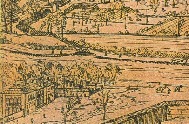 Ein detailliertes Stadtlandschaftsbild mit einem gewundenen Fluss, umgeben von saftig grünen Bäumen und hohen Gebäuden, das eine friedliche Atmosphäre vermittelt.